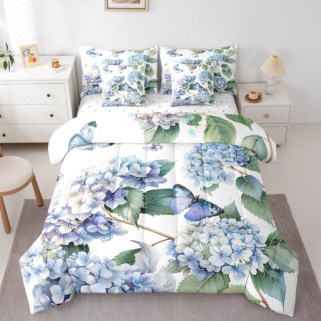Girls Hydrangea Floral Bedding Comforter Sets 7Pcs Blue Purple Butterfly Bed In A Bag,Vintage Flower Twin Bedding Sets Cute Animal Sheet Set With Comforter Spring Botanical Bedroom Decor,Soft