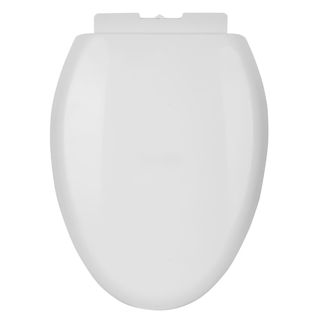 Mainstays Elongated 18 in Toilet Seat Soft Close and Quick Release White, front view of a white elongated toilet seat with smooth plastic surface, soft close lid to prevent slamming, quick release bracket for easy cleaning, and four rubber bumpers for stability in bathroom use.