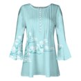thumbnail image 4 of IROINID On Sale Plus Size Shirts for Women Crew Neck Long Sleeve Comfortable Trumpet Printed Buttoned Basic Ruched Tops Pleated T-shirts Blouses,Light Blue, 4 of 5