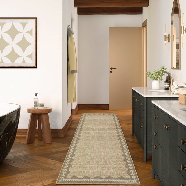 HOMERRY 2' x 6' Modern Scalloped Pattern Geometric Border Area Rug for Hallway Kitchen Non Slip Washable Carpet, Light Brown