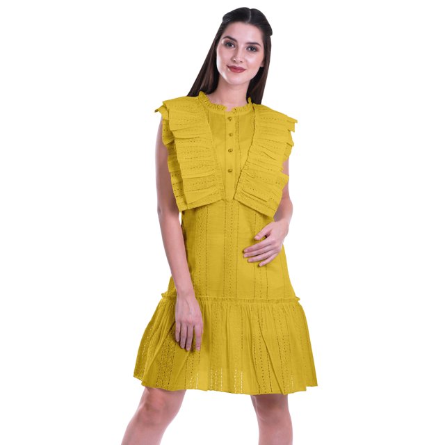 Moomaya Womens Ruffle Sleeve A,Line Schiffli Dress Solid Designer Party Dress