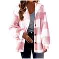 thumbnail image 2 of Fartey Plus Size Womens Plaid Fleece Shacket Jacket Oversized Flannel Button Down Fall Hoodie Jackets with Drawstring Warm Winter Coats Pink 2XL, 2 of 8
