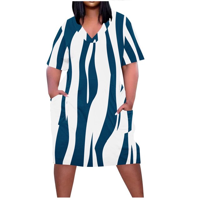 Pisexur Robes d'Été pour Femmes Mode Imprimé Floral Robe Décontractée Ample Col en V Manches Courtes Robes T-Shirt Fluide Surdimensionnée Robe de Plage avec Poches Grande Taille Mi-Mollet L-5TG