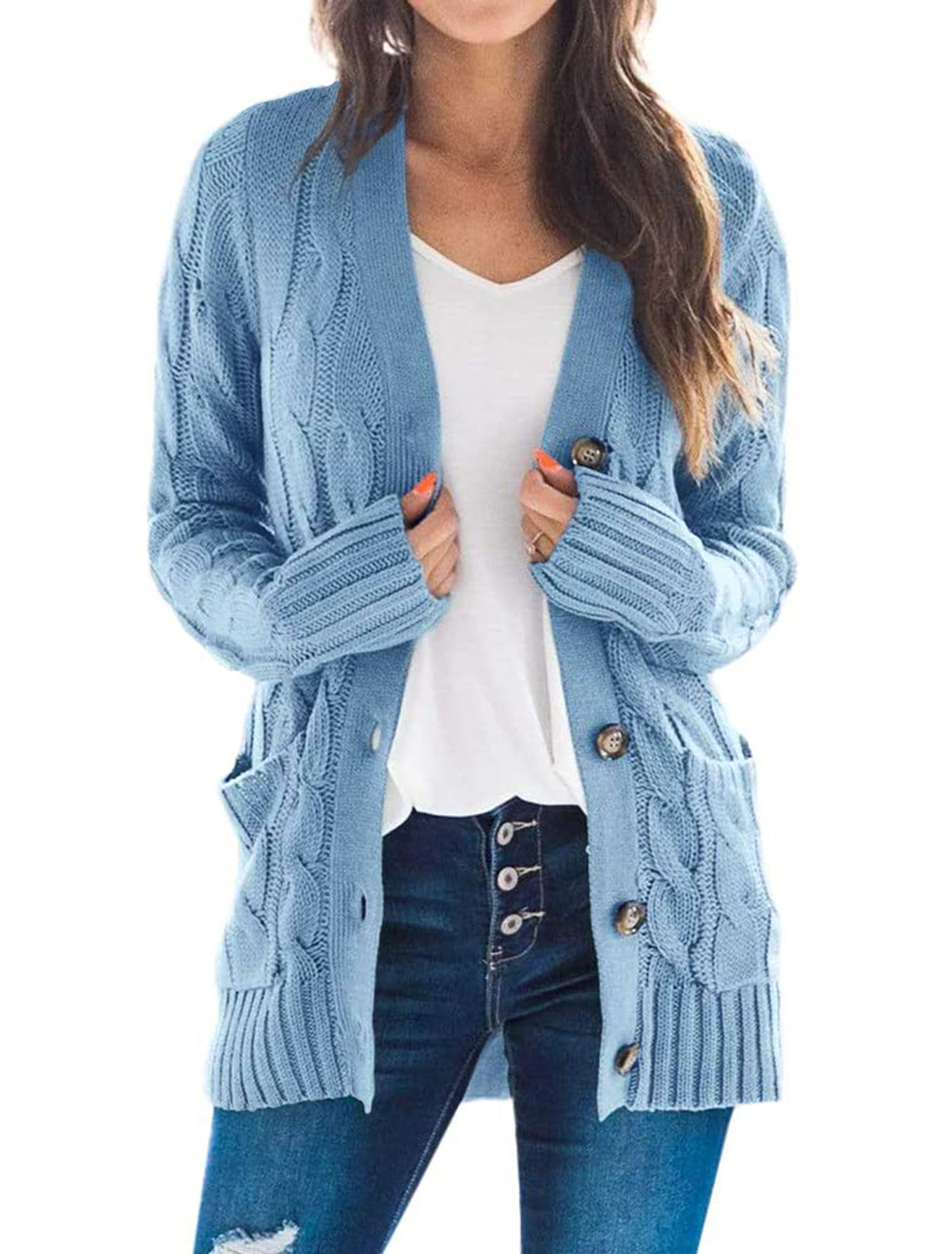 CPOKRTWSO Women's Long Sleeve Open Front Chunky Oversized Knitted Sweater Cardigan