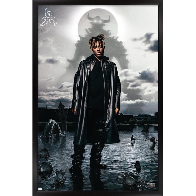 Juice WRLD - Fighting Demons Album Cover Wall Poster, 22.375" x 34", depicting a figure in a long black leather coat and boots standing in shallow water with dark, spiked creatures and fins. Behind is a large shadowy demon silhouette with glowing eyes against a full moon and cloudy sky. The poster features the 999 logo and parental advisory label, printed on glossy paper for striking wall decor.
