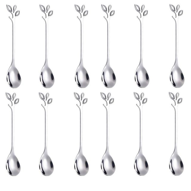 BUYISI 12 Pcs Stainless Steel Tree Leaf Spoon Coffee Spoon Fruit Spoon Tea Spoon Set Silver
