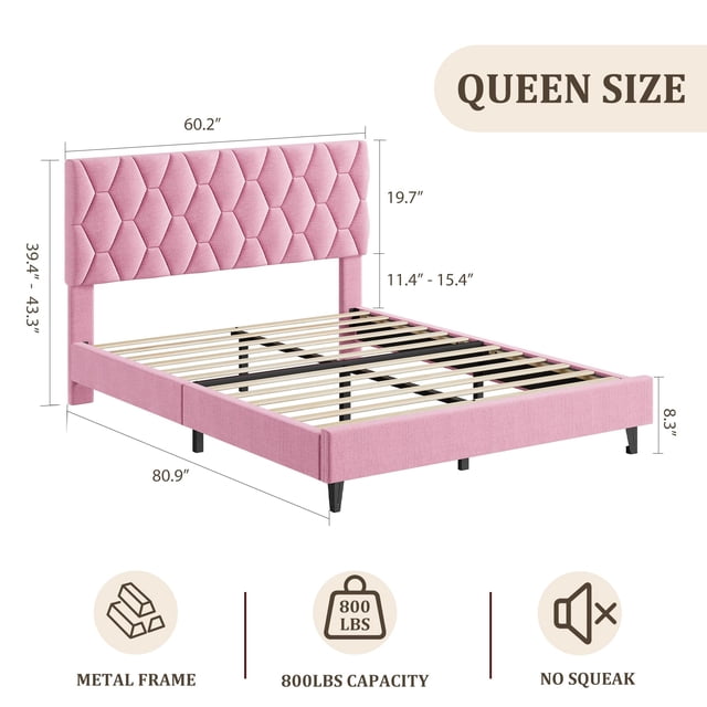 Kojooin Heavy Duty Platform Bed Frame, Adjustable Upholstered Headboard with Strong Wooden Slats