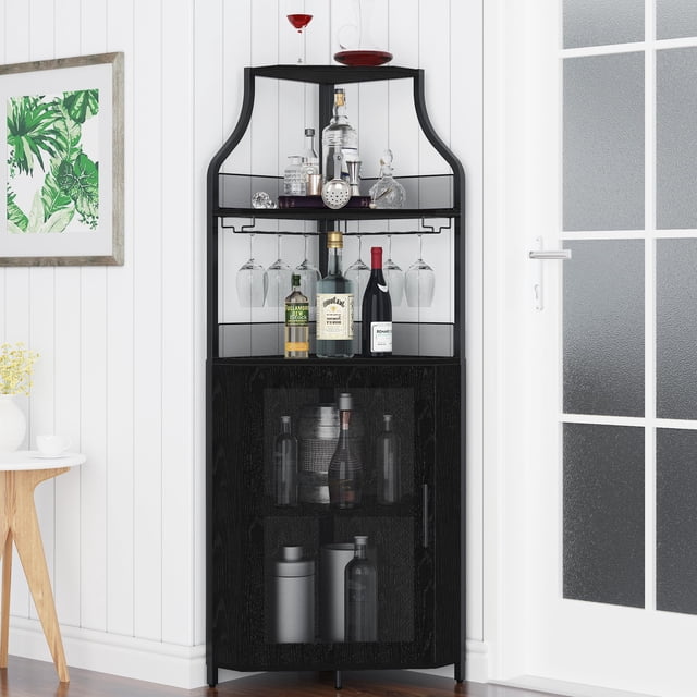 EDTara Corner Wine Cabinet with Removable Wine Rack, Wine Bar Cabinet with Barn Door and Adjustable Shelves, Industrial Wine Cabinet for Dining Room, Living Room,Kitchen