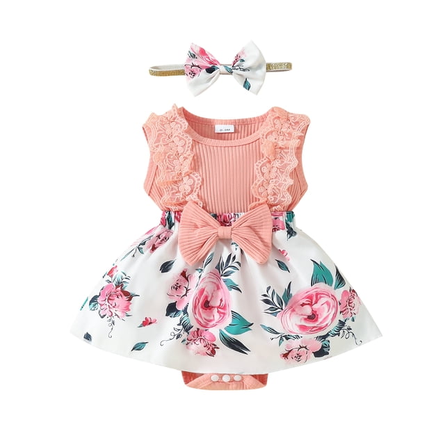 EYIIYE Barboteuse-Robe d'Été pour Bébés Filles Nouveau-Nés en Dentelle Sans Manches Combinaison à Imprimé Floral Patchwork Barboteuse Col Ras du Cou Justaucorps Robe avec Bandeau Mignonne Décontractée Vêtements Quotidiens