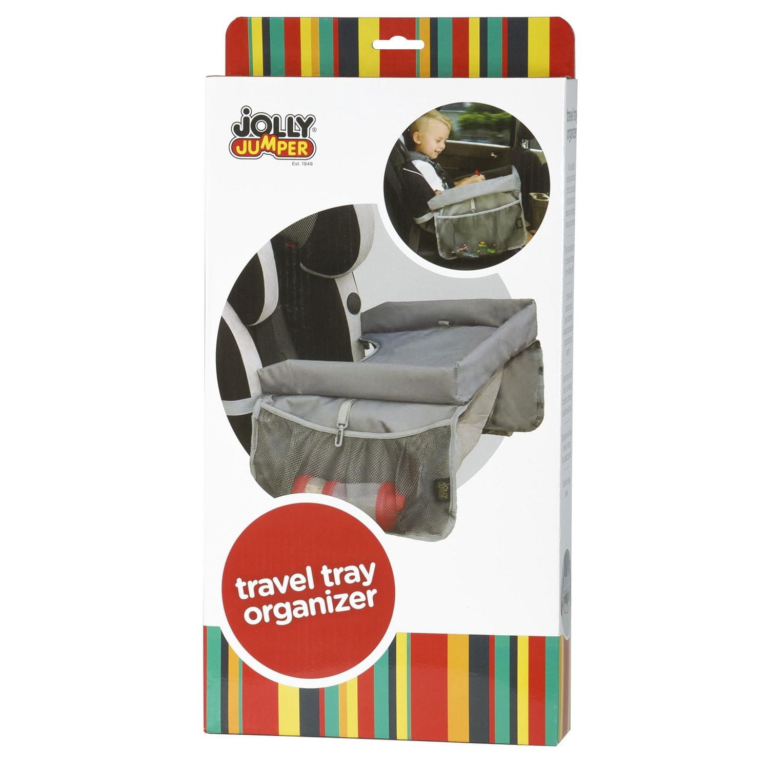 Plateau de voyage Jolly Jumper | Plateau d’activités portable pour siège d’auto avec rebord relevé et poches en maille | Se fixe solidement pour les collations, le dessin et les voyages | Design pliab