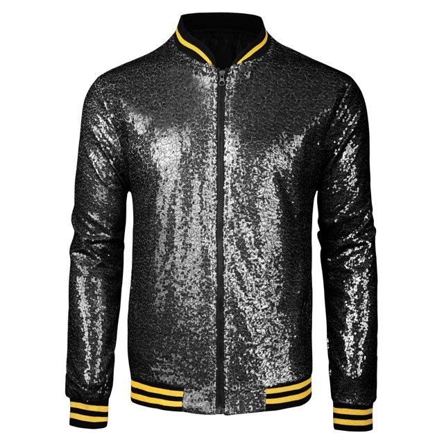 INSPIRE CHIC Blouson Bomber à Paillettes à Fermeture Éclair à Manches Longues pour Homme Noir P