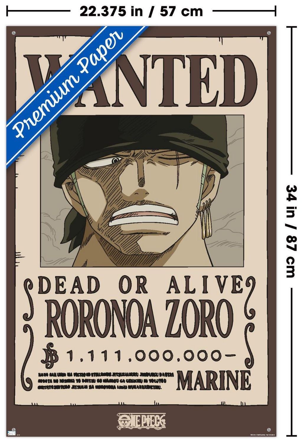 One Piece - Roronoa Zoro Wanted Poster Wall Poster with Pushpins, 22.375" x 34"