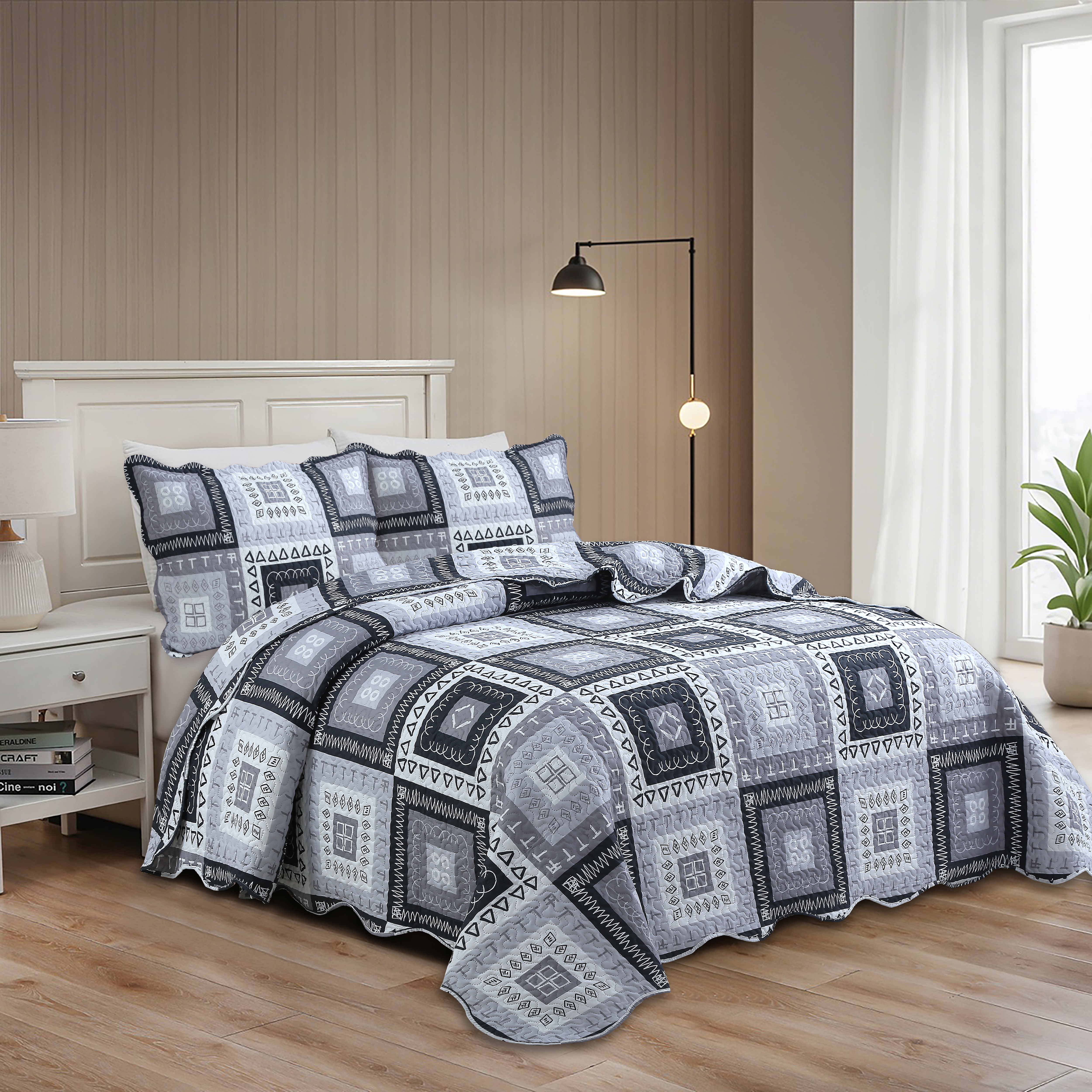 Marina Decoration Home Bedroom Pinsonic Bedding Coverlet Bedspread Ultra Soft 3 Piece Summer Embossed Printed Quilt Set with 2 Shams, Modern Grey Patchwork Geometric Pattern King
