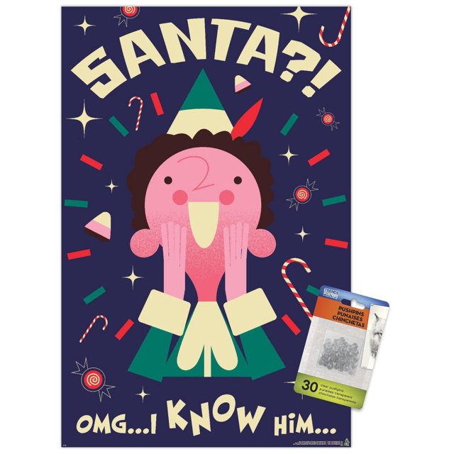 Elf - Affiche Murale « I Know Him », 14,725 Po x 22,375 Po Encadrée, Représentant un Elf de Dessin Animé Orienté vers l'Avant avec un Visage Rose, des Cheveux Bruns Bouclés et un costume Vert et Crème, Mains sur les Joues en surprise, sur un Fond Bleu Foncé avec des Cannes de Bonbon, des Étoiles et des Confettis, avec un Texte Crème Audacieux « Santa?! OMG... I Know Him... ». Cette Affiche Encadrée Légère Est Idéale pour
