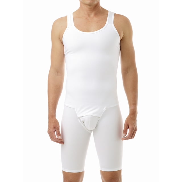 Underworks Mens Compression Bodysuit Girdle in medium size and white color. This sleeveless bodysuit features a scoop neckline and extends to mid-thigh length. Designed with double compression panels to flatten the chest and torso, shape hips and thighs, and provide a firm, streamlined look. Invisible under clothing due to seamless construction and includes a soft internal lining for comfort. Ideal for men's shapewear and compression support needs.