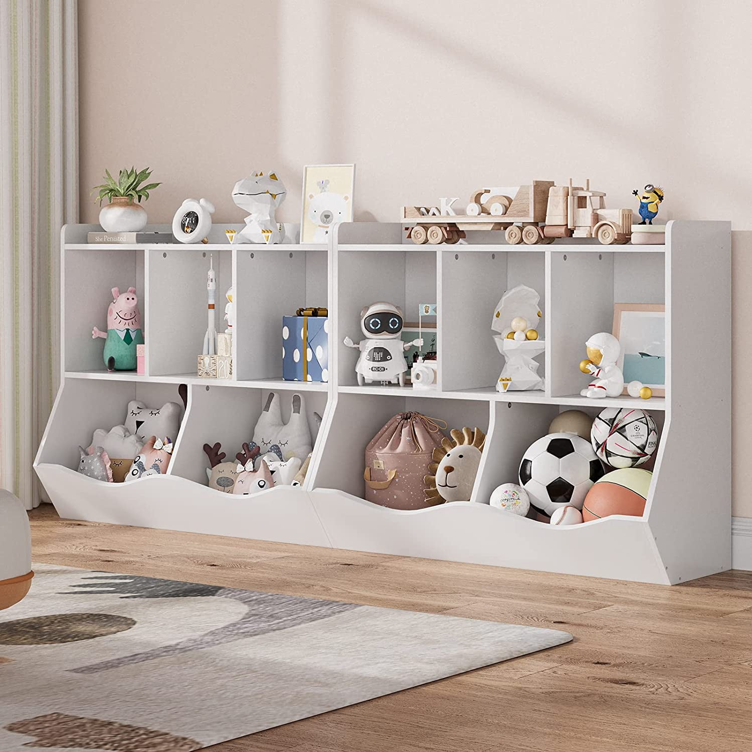 Toy Bookshelf and Bookcase, Multi Shelf with Cubby Organizer Cabinet for Storage Books and Toys, for Bedroom, Playroom, Hallway, 2 Pieces