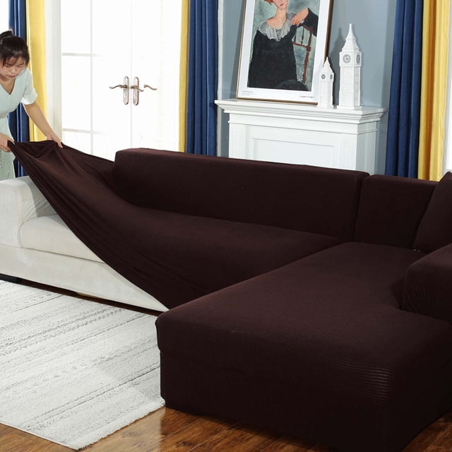 Housse de Sofa en L Extensible et Durable pour 1 2 3 4 Places (Brun, Forme en L : 2 Places + 3 Places)