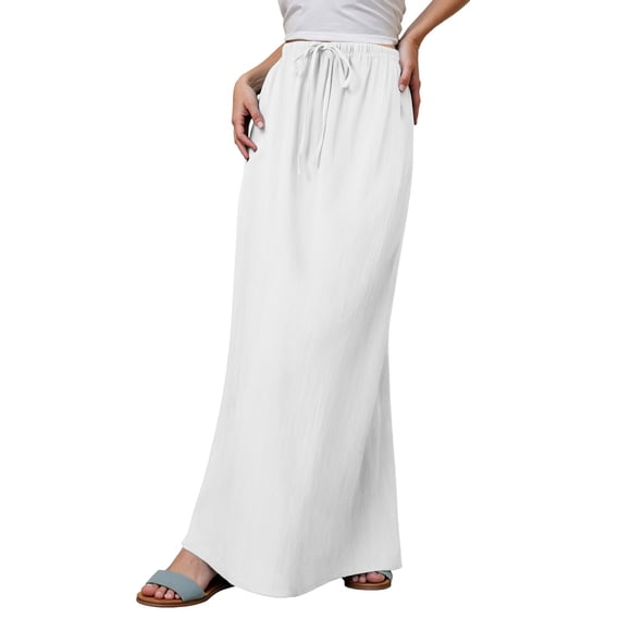 Linen Maxi Skirt For Women Drawstring Waist A Line Long Flowy Ankle-Length Trendy Boho Dress Comfy Summer Beach Vacation
