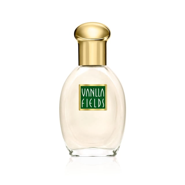 Vanilla Fields Cologne Spray for Women, 20ml vegan perfume in a clear oval glass bottle with a gold rounded cap and a green label bordered in gold showing the brand name in white, ideal for carrying in a purse.