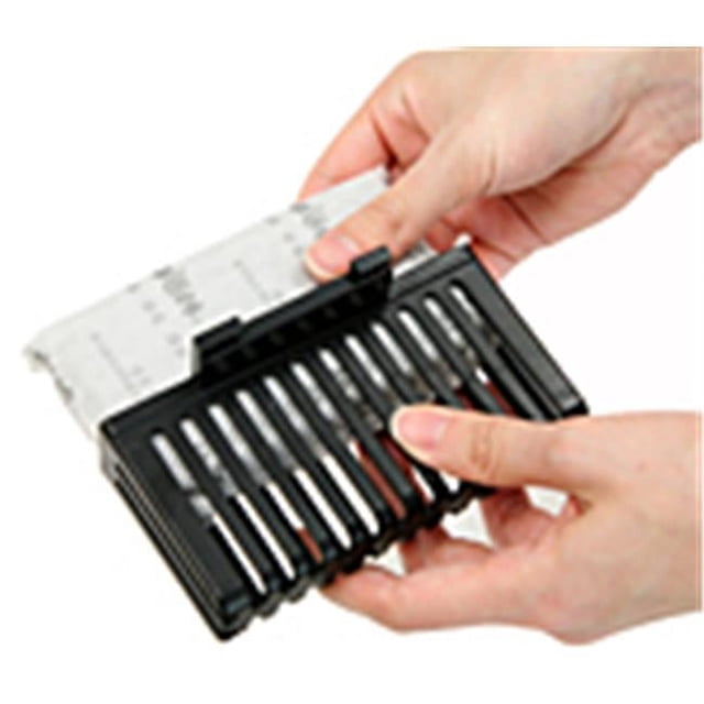 iTouchless Housewares & Products Inc. 12CF03 Active Carbon Filter Refill Pack - 3-pack. A close-up view of hands holding a black slotted filter case, designed for use with iTouchless Deodorizer Sensor Trash Cans. The pack includes three active carbon filters that absorb and eliminate odors, lasting up to three months. Suitable for trash can models with a carbon filter gate inside the lid cover.