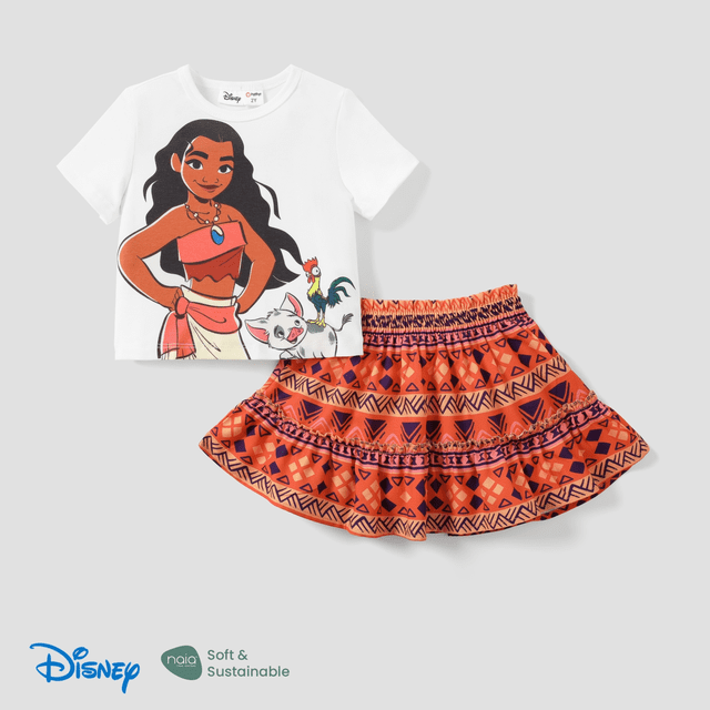 Disney Disney Princess Moana/Ariel 2pcs Toddler Girls Naia™ Character Print T-shirt with Pattern All-over with Ruffled Skirt Set. This toddler girl outfit set features a white short-sleeve T-shirt with Moana and her animal friends, paired with a vibrant orange layered skirt showcasing geometric patterns. Crafted with Naia™ fiber for ultrasoft, hypoallergenic comfort, making it ideal for sensitive skin. Suitable for dress-up, parties, or everyday wear.