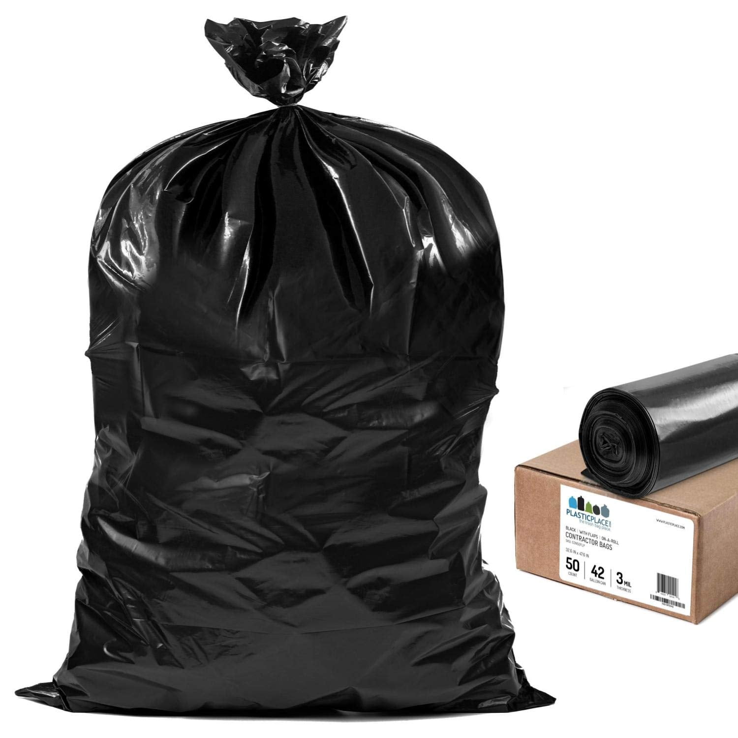 Plasticplace Contractor Trash Bags 42 Gallon ? 3.0 Mil ? Flaps ? Black Heavy Duty Garbage Bag ? 33” x 48” (50 Count)
