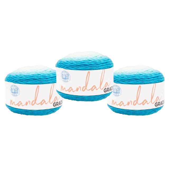 Lion Brand Mandala® Gradient Yarn #4 Medium/Worsted Yarn 150g/270m 3-pack showing three round yarn cakes in a blue ombré gradient from dark to light blue, each wrapped with a white label featuring the Mandala brand name and logo, ideal for knitting, crochet, and crafting projects.