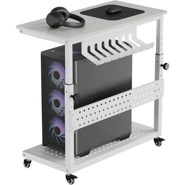 Support Tour d'Ordinateur Réglable avec Rack de Gestion des Câbles, Chariot Support de CPU à 2 Niveaux sur Roulettes avec Roues Verrouillables pour sous le Bureau, Blanc