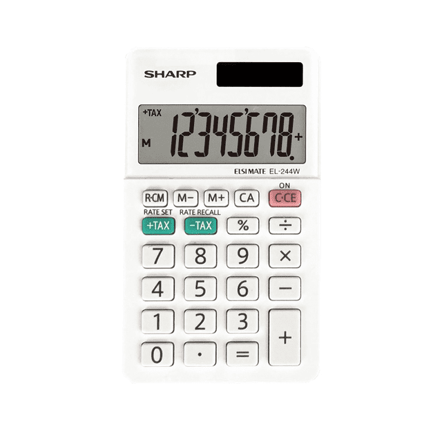 SHARP EL244W 8-Digit Handheld Calculator with a clear display, tax function, and 3-key memory. Features solar and battery power, automatic power-off, and a durable mirror-finish acrylic panel. Compact and lightweight, ideal for students, basic calculations, and office supplies.