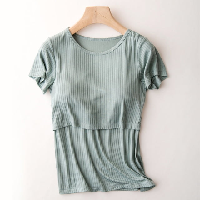 TIMIFIS T-Shirt d'Allaitement Vert pour Femmes à Manches Courtes d'Été, T-Shirt d'Allaitement Décontracté à Col Rond Uni, T-Shirt Post-Partum - Printemps/été