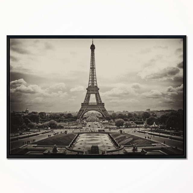 Design Art Vue Vintage de Paris France Impression d'Art sur Toile Encadrée Montrant une Vue Centrale de la Tour Eiffel en Ton Sépia. la Toile Enveloppée pour Galerie Est Tendue sur un sous-Cadre en Bois de 1 Po et Enveloppée dans un Cadre Flottant Noir. l'Impression Représente les Jardins du Trocadéro et les Fontaines sous un Ciel Nuageux, Imprimée avec une Encre Résistante à la Décoloration sur Toile de Qualité Supérieure, et Comprend une Quincaillerie de Suspension pour une installation Facile. Elle Convient Aussi pour Rehausser le décor du Bureau Ou du Salon