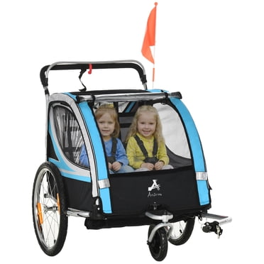 Aosom Child Bike Trailer with Storage, 5 Point Harness, Baby Stroller Blue