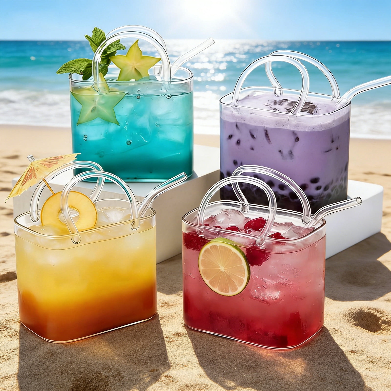 TTJ Purse Drinking Glass with Straw Handbag Shaped Beverage Cup Decorative Glass Vase for Water Juice Cocktails Room Display and Cute Decor