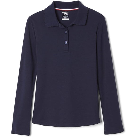 French Toast girls Long Sleeve Interlock With Picot Collar Standard Plus Polo Shirt, Navy, 6-6X US