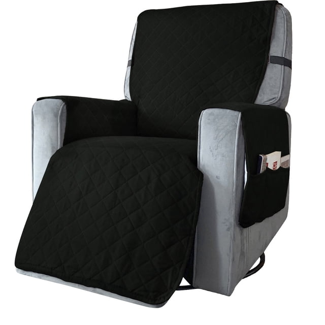 Czzoypi Recliner Sofa Towel Anti-dirty Pet Sofa Cushion Solid Color Rocking Chair Massage Chair Sofa Protection Cover. A black quilted slipcover for recliner chairs with six storage pockets, designed to protect furniture from stains, pet hair, and wear. Made from breathable polyester fiber, it fits over the arms, body, and footrest of most large recliners.