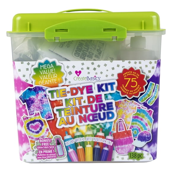 Create Basics Tie Dye Party Mega Value Tub with Bonus Glitter Spray, Fun Party Activity, Birthday Gift, Fashion Art, Permanent & Vibrant Clothing Tie Dye Kit, 10 Colors
