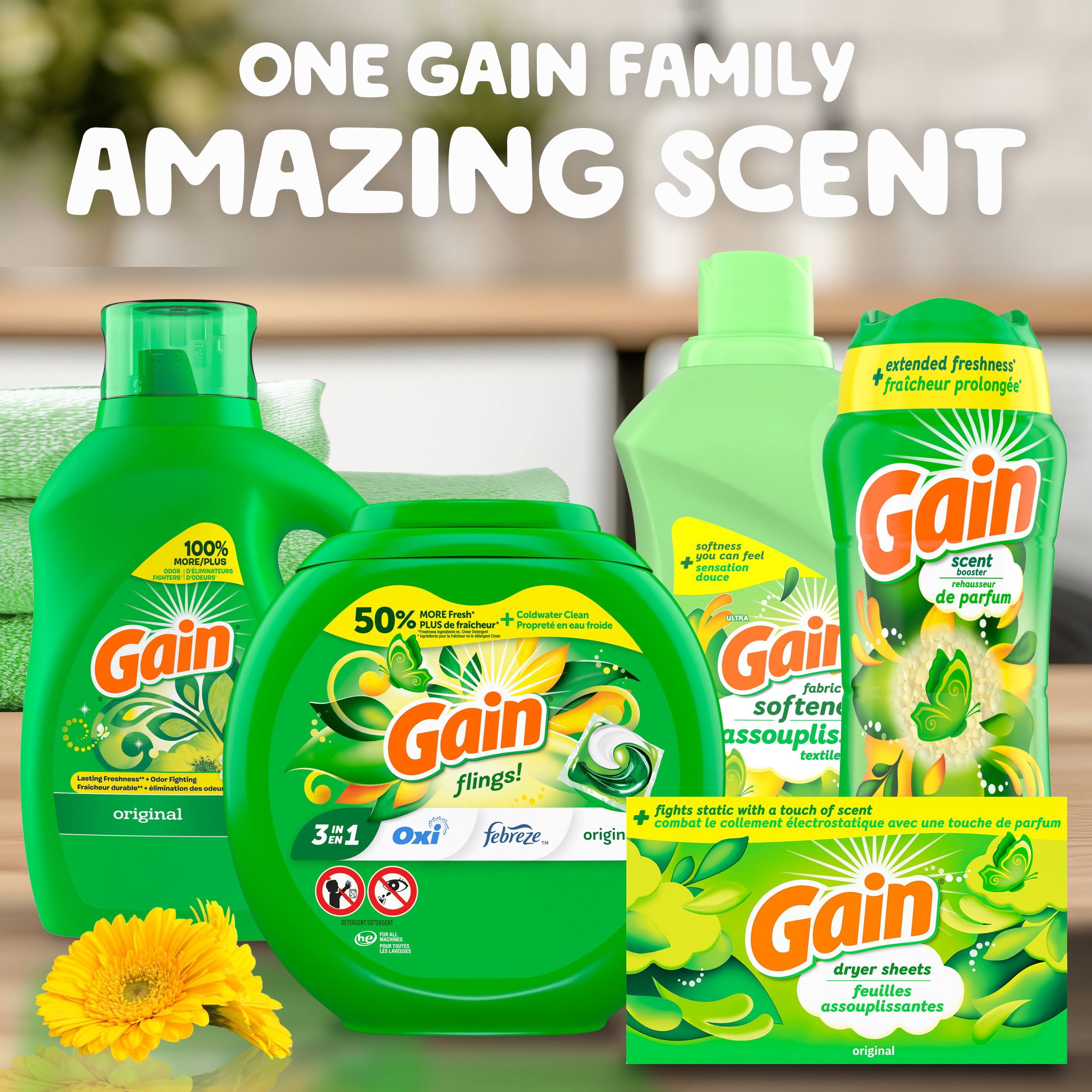 Détergent à lessive liquide Gain, parfum Original, 1,24 L, 32 brassées, fraîcheur + élimination des odeurs, savon nettoyant liquide haute efficacité pour laveuse