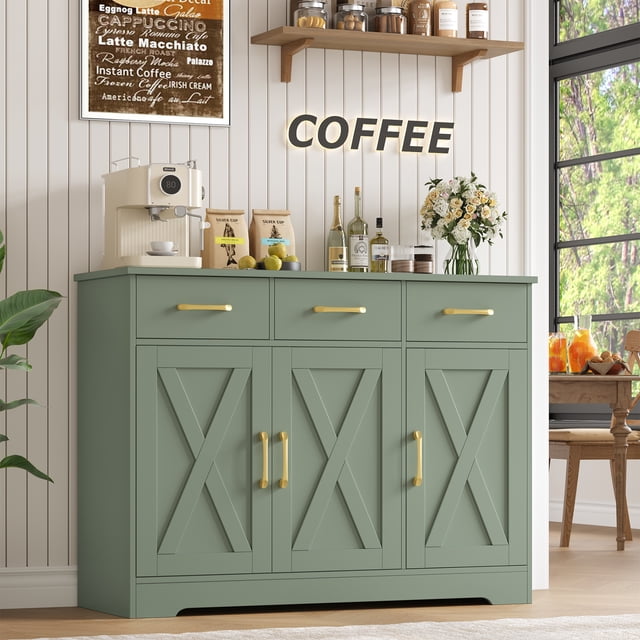 Homfa Buffet Bahut de Cuisine 42,5 Pieds', Armoire de Rangement Style Ferme à 3 Tiroirs pour Café avec Tablette Ajustable, Vert