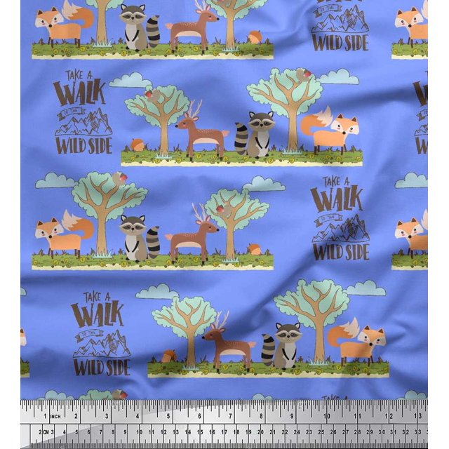 Soimoi Moss Tissu Georgette Arbre, Cerf et Racoon Tissu Imprimé Dessin Animé 1 Yard 42 Pouces de Large