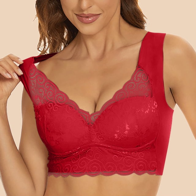 Timegard Plus Size Bras for Women Wireless Flower Lace Full-Support Back Smoothing Comfortable Everyday Bra