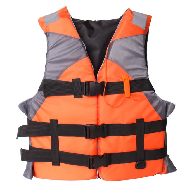 TIMIFIS Life Jacket Adult Life Jacket Assistance Vest designed for kayaking, skiing, fishing, and water rescue. Made from durable Oxford cloth, this bright orange and grey life jacket features adjustable black straps for a secure fit and high buoyancy for safety. Suitable for water sports like boating, surfing, and sailing. Dimensions: 54cm length, 46cm width (single side), and 7cm thickness. Recommended for individuals up to 75kg.