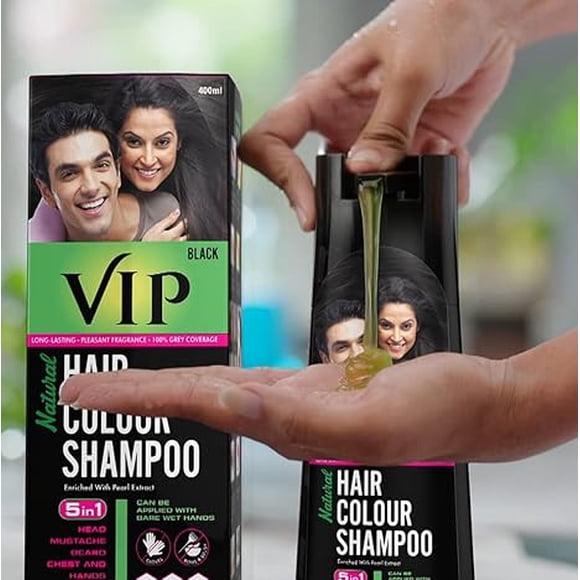 VIP Shampooing Colorant pour Cheveux 400 ml Noir / Sans Ammoniaque / Paquet Familial / Couverture Rapide des Cheveux Gris 5-en-1 pour Hommes et Femmes / Brillance Noire Naturelle Longue Durée