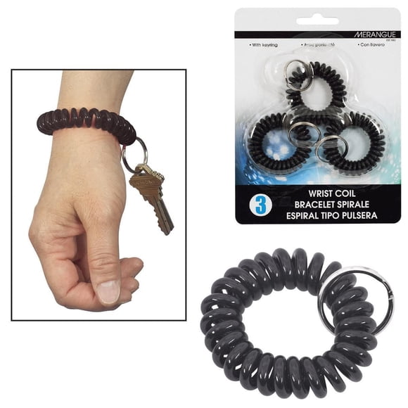 Merangue Wrist Coil Key Chains, Black, 18 Pack