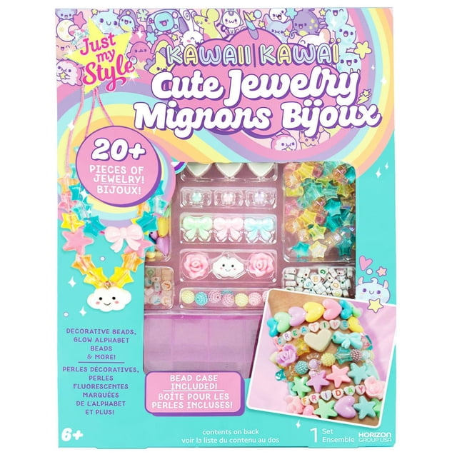 Just My Style Kawaii Cute Jewelry DIY kit with over 20 pieces including pastel stars, bows, roses, and glow-in-the-dark alphabet beads organized in a pink bead case, shown with colorful handmade friendship bracelets on a turquoise background.
