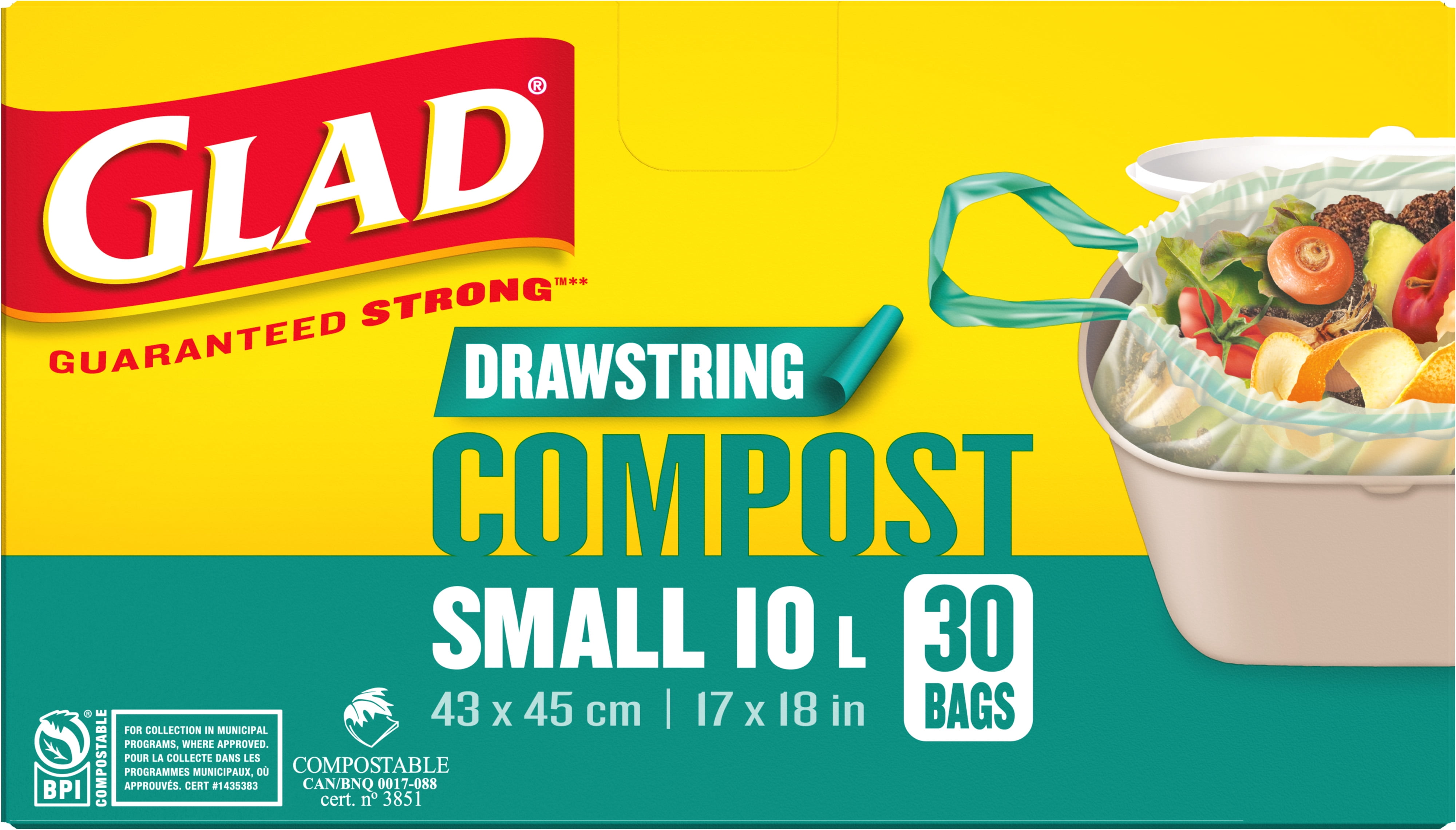 Glad Certified Compostable Drawstring Bags - Small 10 Litres - Drawstring, 30 Compost Trash Bags -