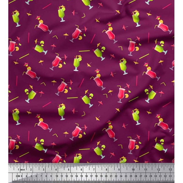 Soimoi Polyester Crepe Fabric Straw & Juice Beverages Print Fabric by The Yard 42 Inch Wide