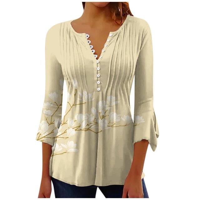 IROINID On Sale Plus Size Shirts for Women Crew Neck Long Sleeve Comfortable Trumpet Printed Buttoned Basic Ruched Tops Pleated T-shirts Blouses,Yellow