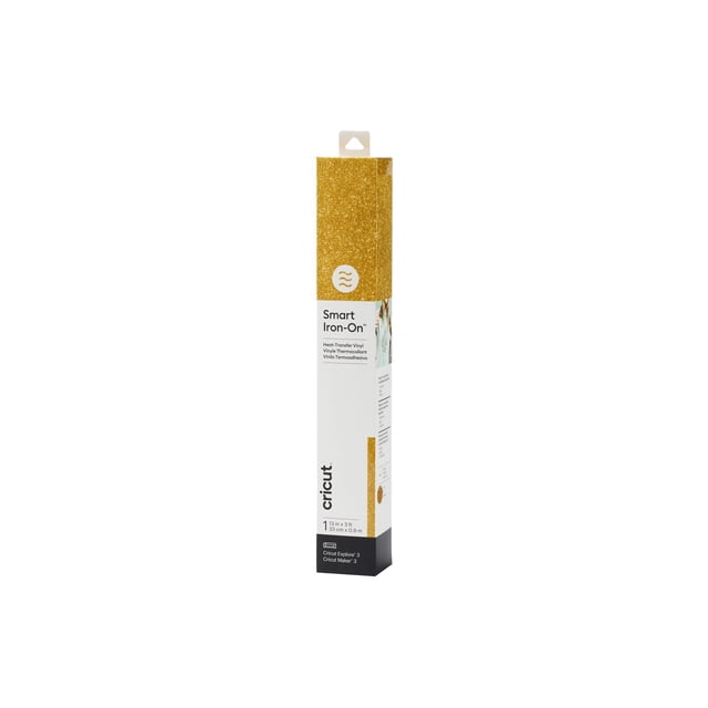 Cricut® Smart Iron On™ Glitter Matless Heat Transfer Vinyl in gold, 13 in by 3 ft roll in upright packaging showing glitter texture, compatible with Cricut Explore 3 and Maker 3, ideal for heat-transfer vinyl craft projects like custom shirts and decals without a cutting mat, also suitable for decorating wood surfaces.