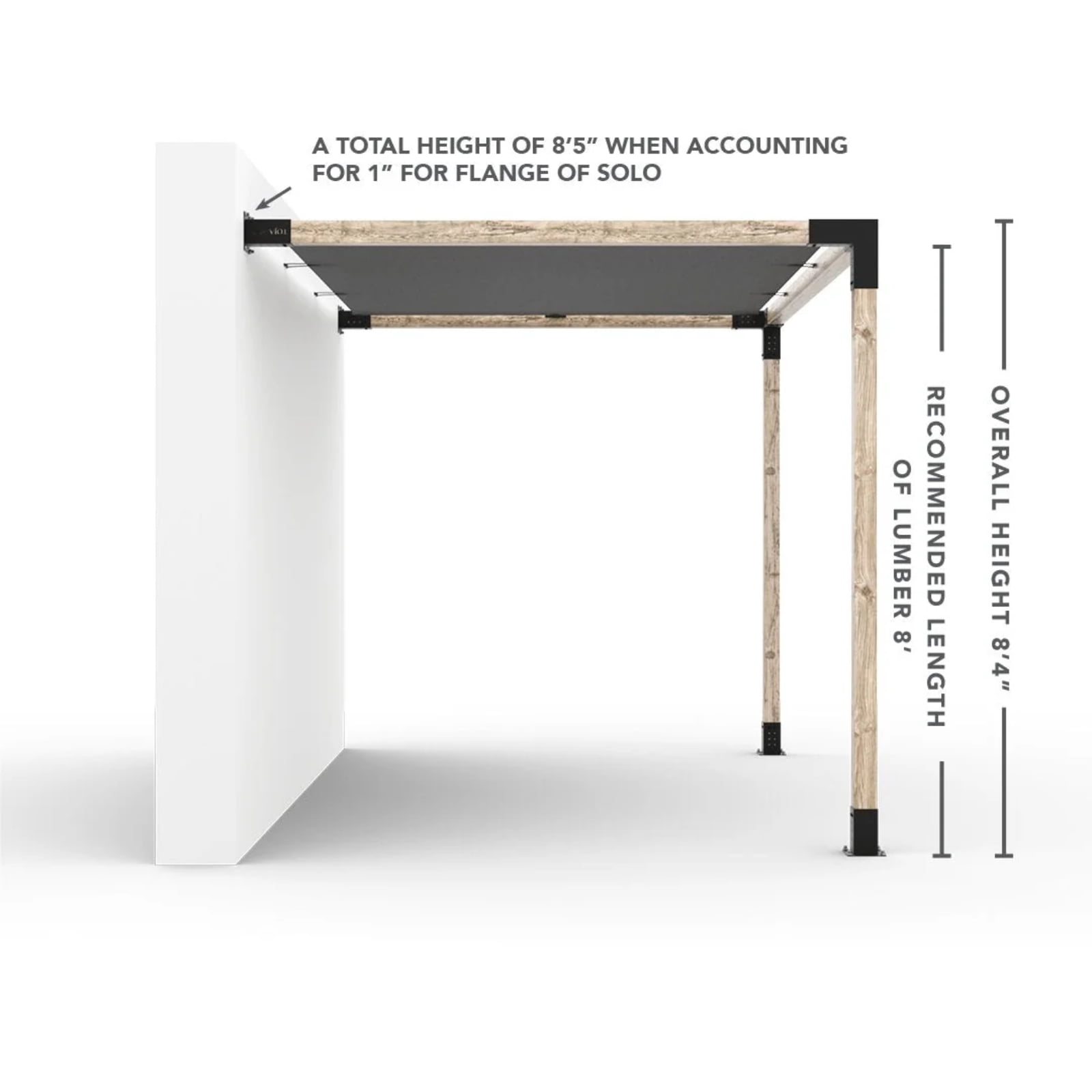 Kit de pergola murale Toja 8'x8' avec voile d’ombre en graphite pour poteaux en bois 4x4