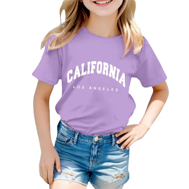 FhsagQ le 7 Juillet Garçon et Fille Mode Décontractée Imprimé Col Rond Ample Manche Courte T-Shirt Haut Tout-Petit Fille Printemps T-Shirts 18-24 Mois Printemps Violet 5-6 Ans